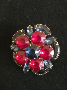 Vintage Red and Blue Crystal Flower Brooch - Women Jewelry